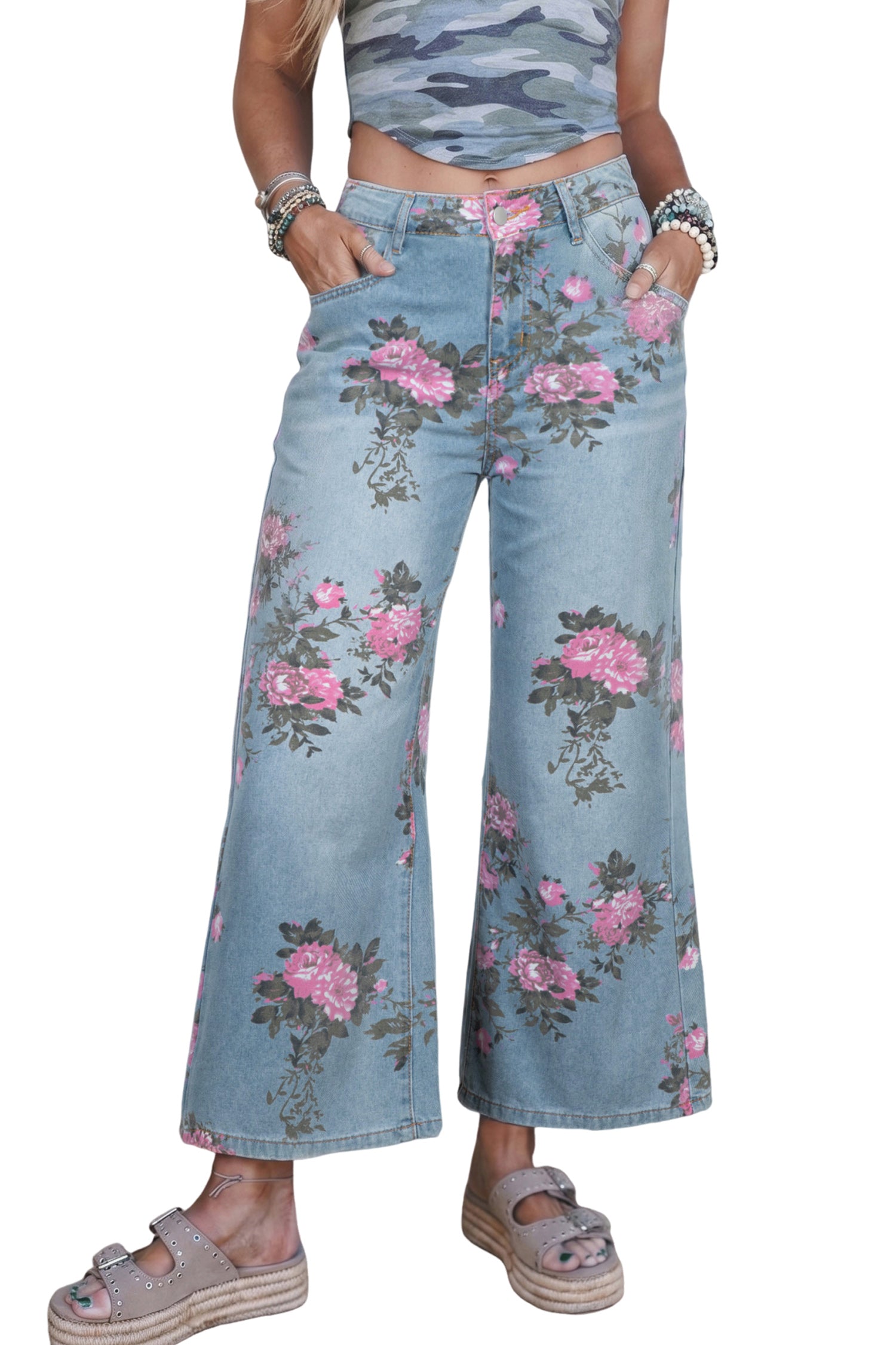 Garden Floral Print Low Rise Bootcut Denim Jeans
