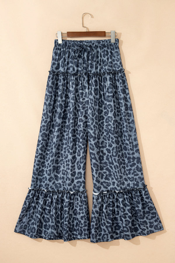 Leopard Print Frilled Hem Drawstring Wide Leg Pants Women UK