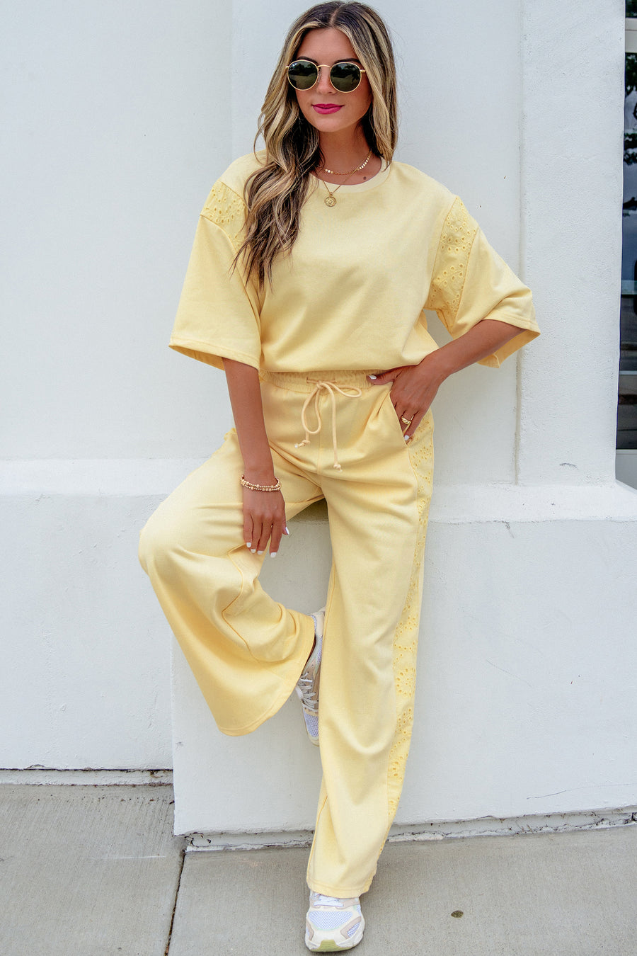 Lace Patchwork Half Sleeve Top & Wide Leg Pants Two Piece Set