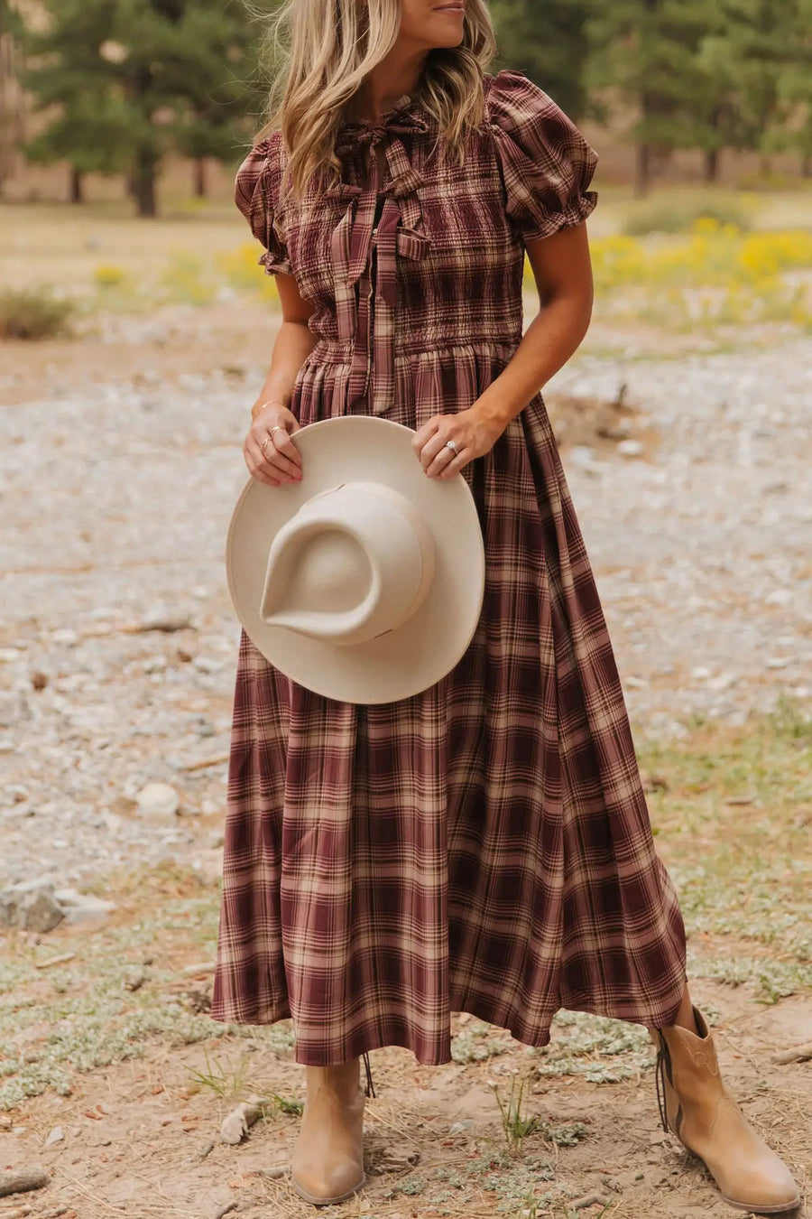 Red Vintage Plaid Knot Front Smocked Midi Dress