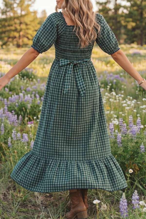Plaid Square Neck Shirred High Waist Ruffle Hem Dress — side view | Fashionfitz UK