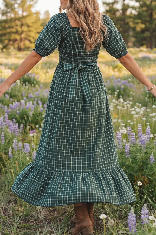 Plaid Square Neck Shirred High Waist Ruffle Hem Dress — side view | Fashionfitz UK