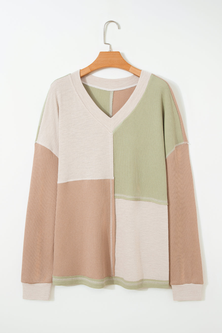 Colorblock patchwork V neck plus size top — back view
