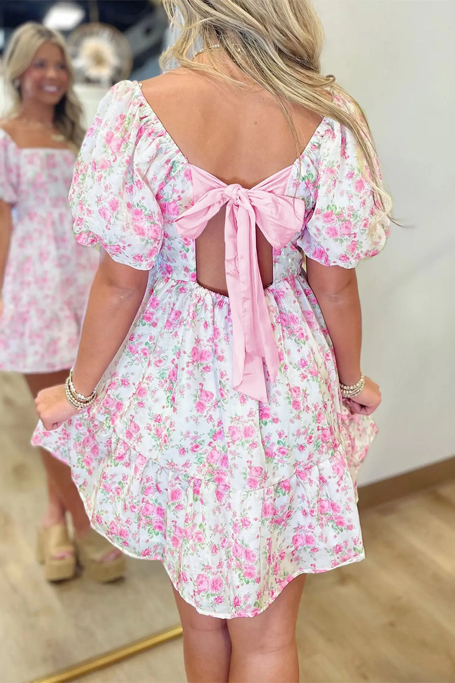 Pink Floral Square Neck Ribbon Knot Back Mini Dress Women UK