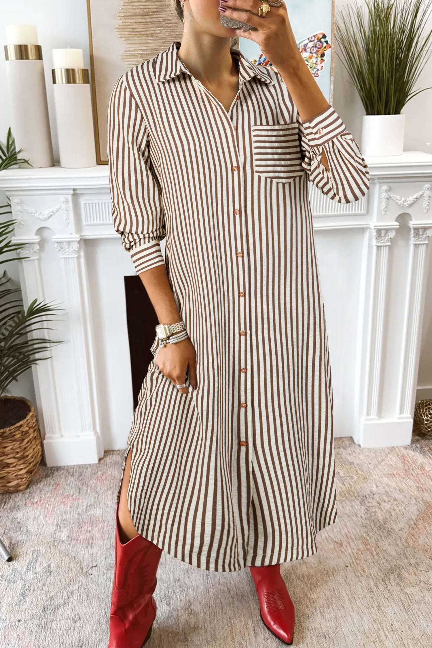 Brown striped midi shirt dress with button-down front and chest pocket, styled with red boots for a casual spring look.