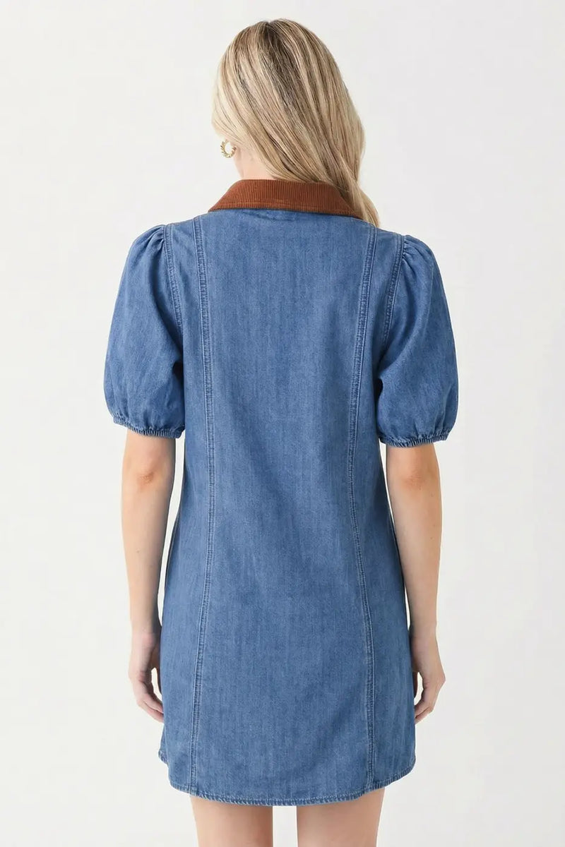 Women’s denim puff sleeve shirt collar mini dress | fashionfitz