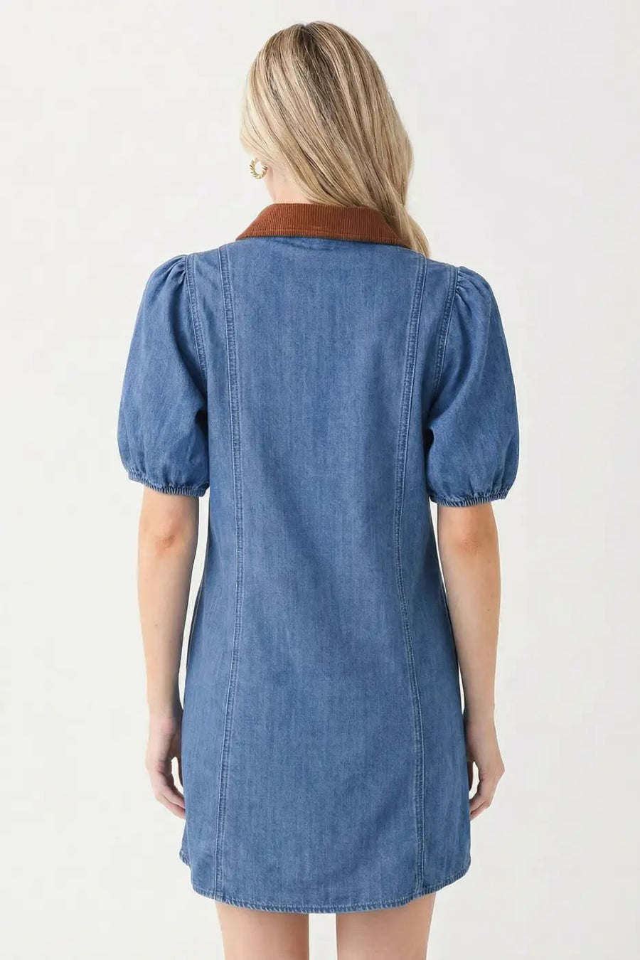 Women’s denim puff sleeve shirt collar mini dress | fashionfitz