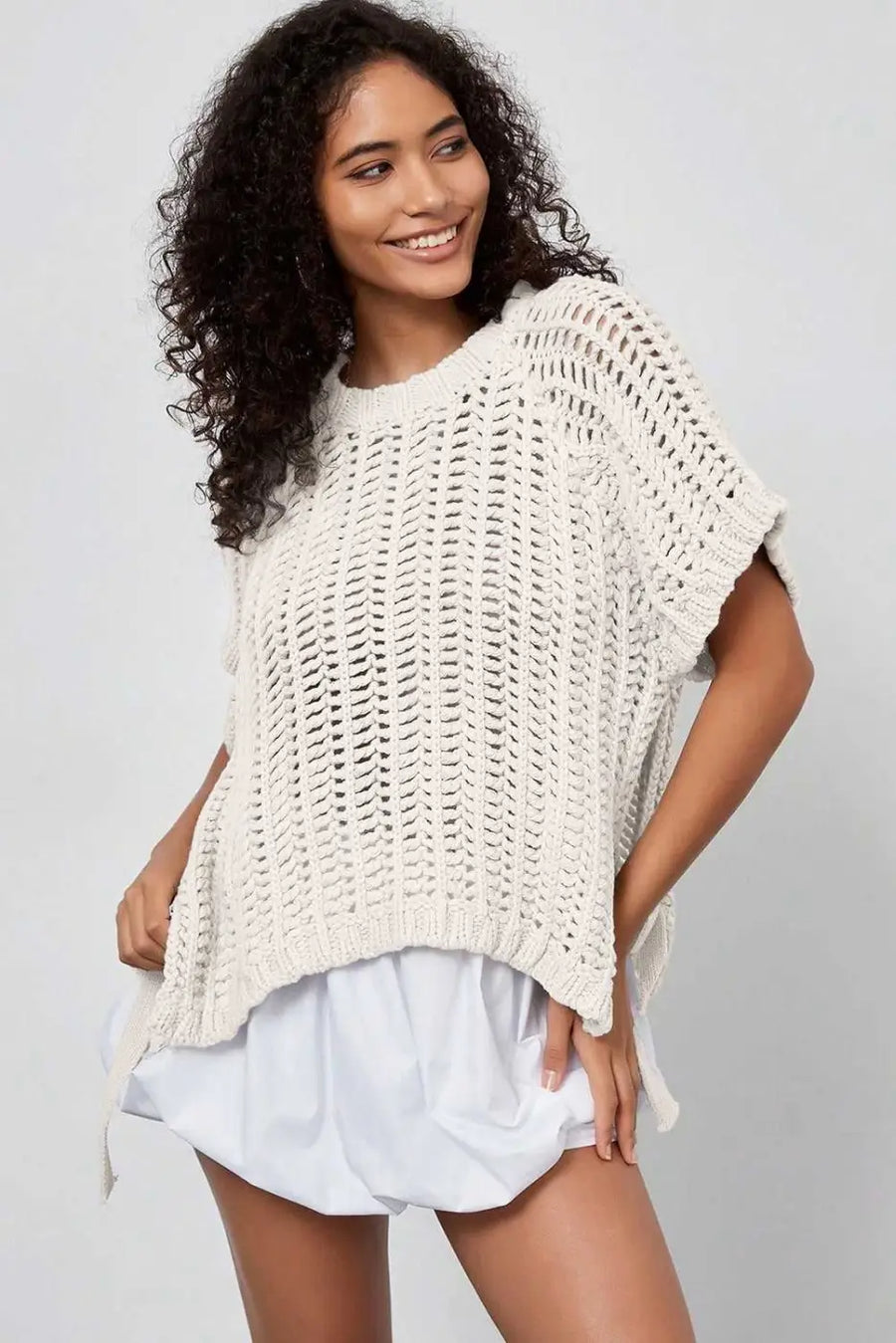 Angled front view of cream Plus Size Bow Tie Open‑Knit Jumper for Women with soft knit texture and casual summer style.