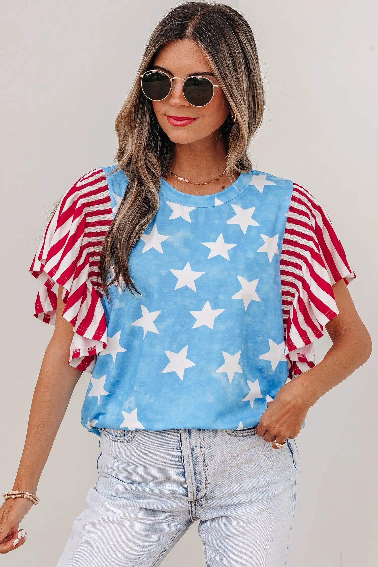 Sky blue vintage star print striped ruffle sleeve top blouses
