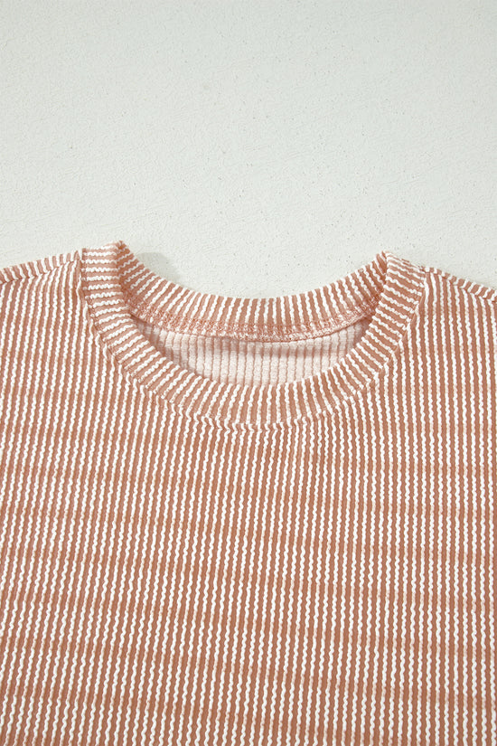Stripe Raised Rib Loose Tee & Drawstring Elastic Waist Shorts Set