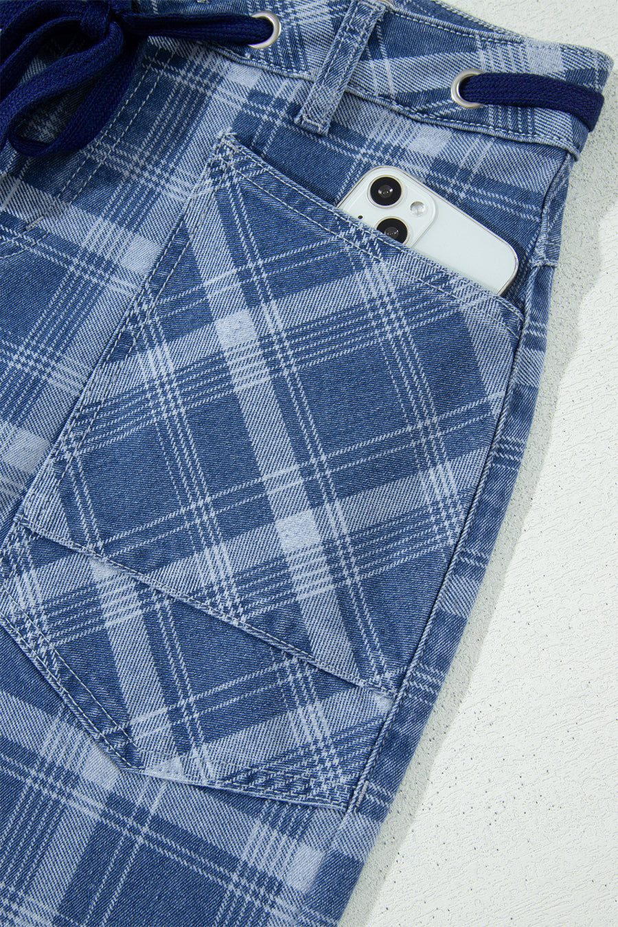 Plaid Denim Grommet Drawstring Waist Ankle-Length Jeans Women UK