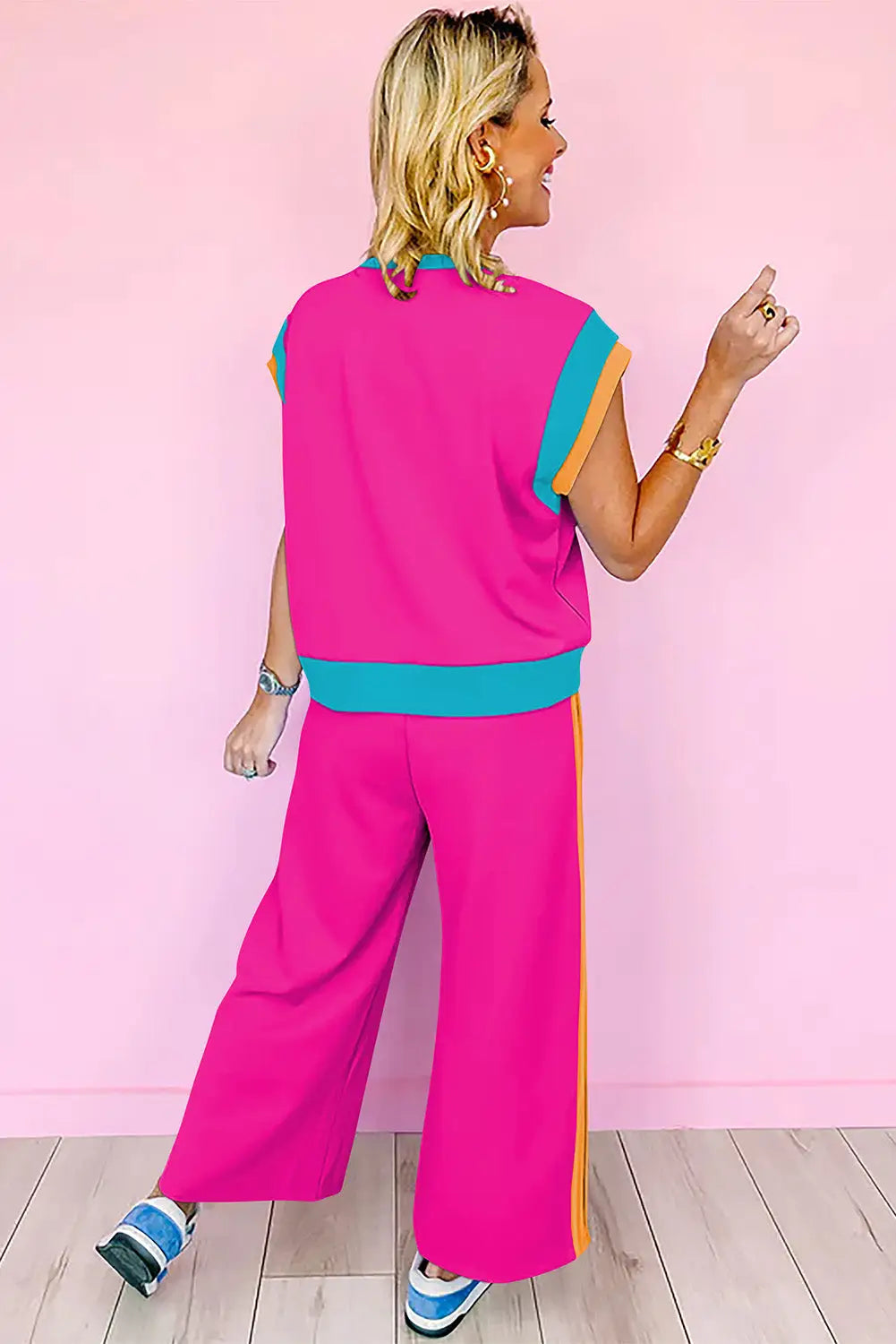Colour block two piece set cap sleeve wide leg pants women uk
