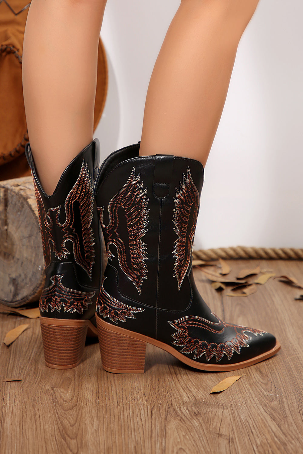 Western Boots - Black Embroidered Vegan Leather