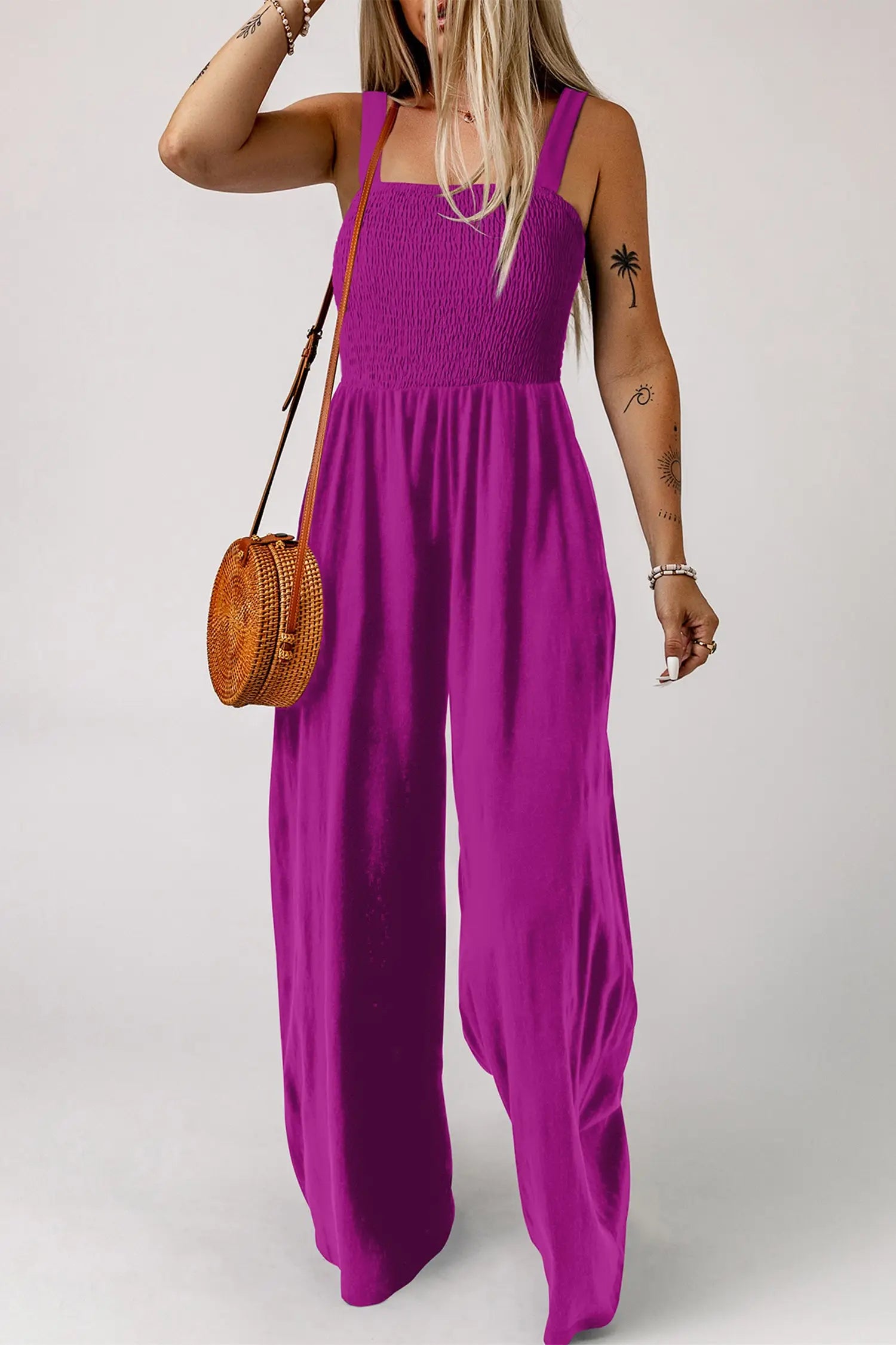 Peacock blue smocked square neck sleeveless jumpsuit with pockets