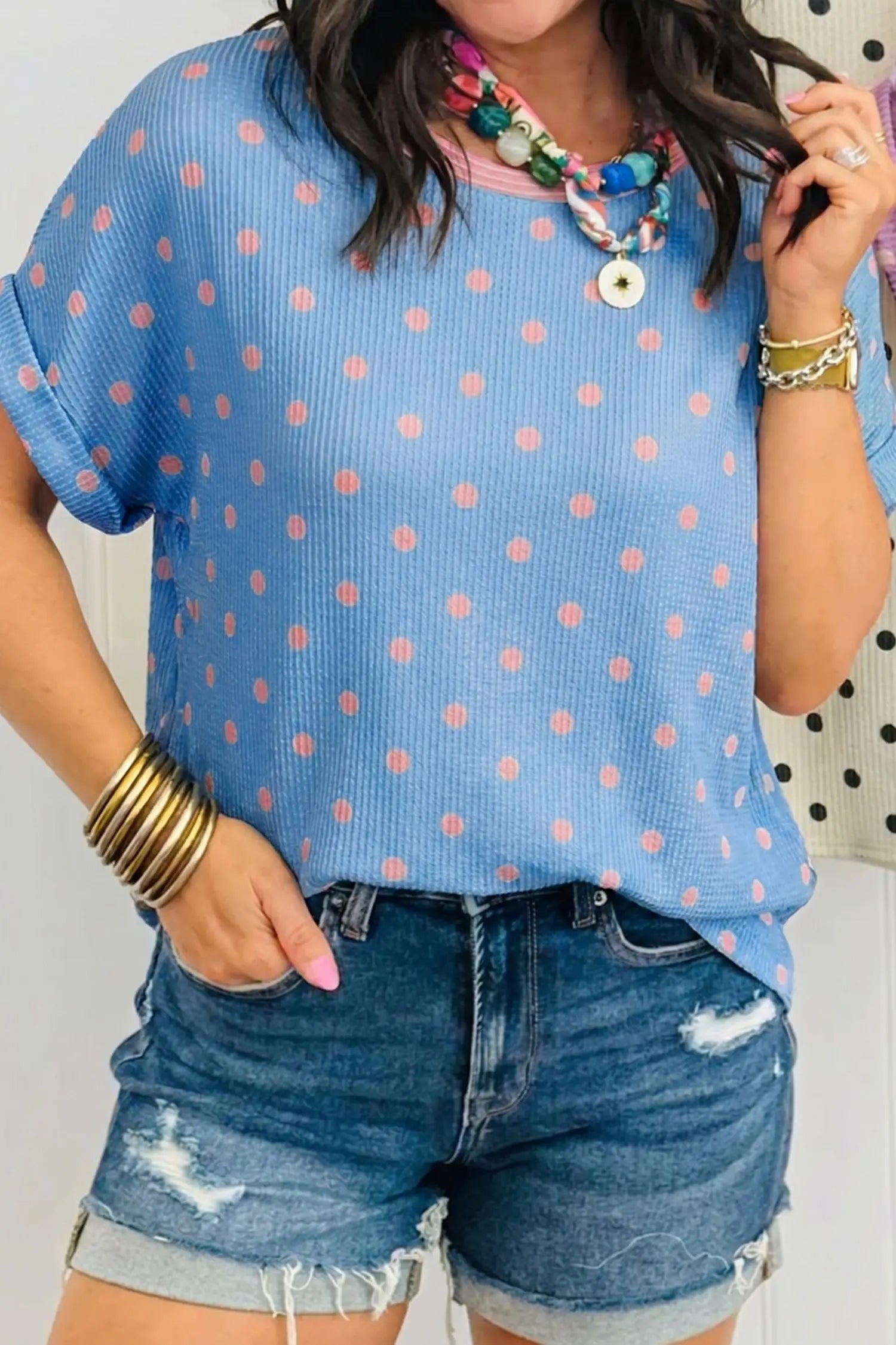 Raised rib polka dot print cuffed short sleeve top t-shirts