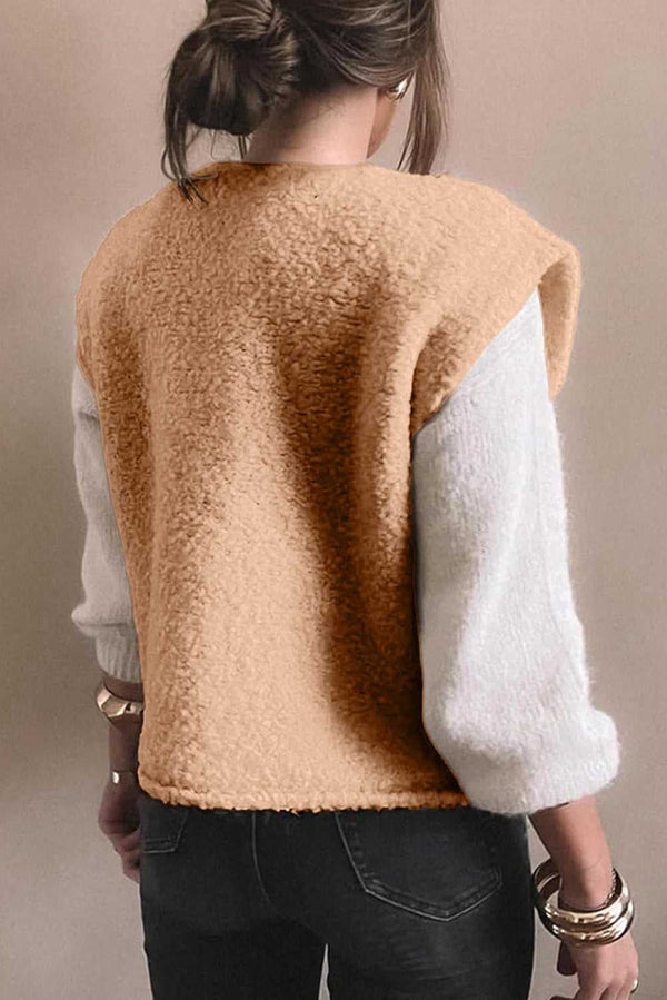 Back view of beige fuzzy fleece gilet showing soft texture and sleeveless cut, ideal for winter layering with casual outfits.