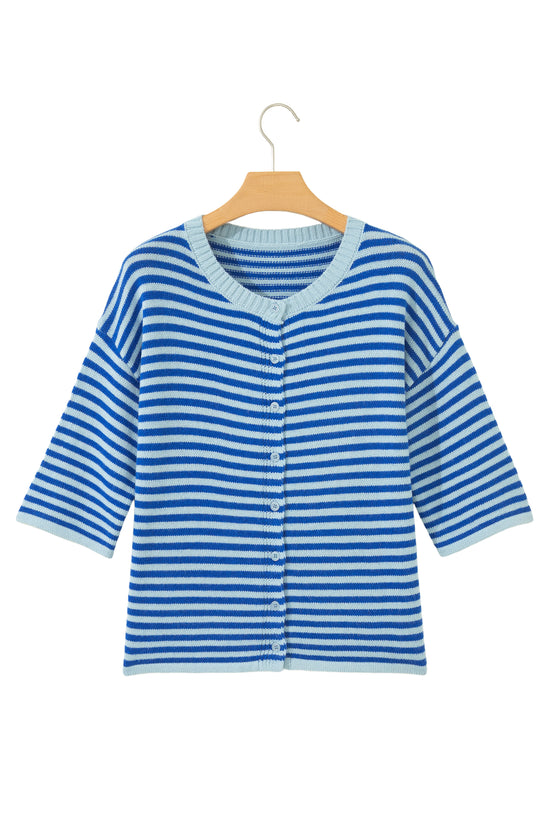 Blue Stripe Half Sleeve Knit Button Cardigan Women UK