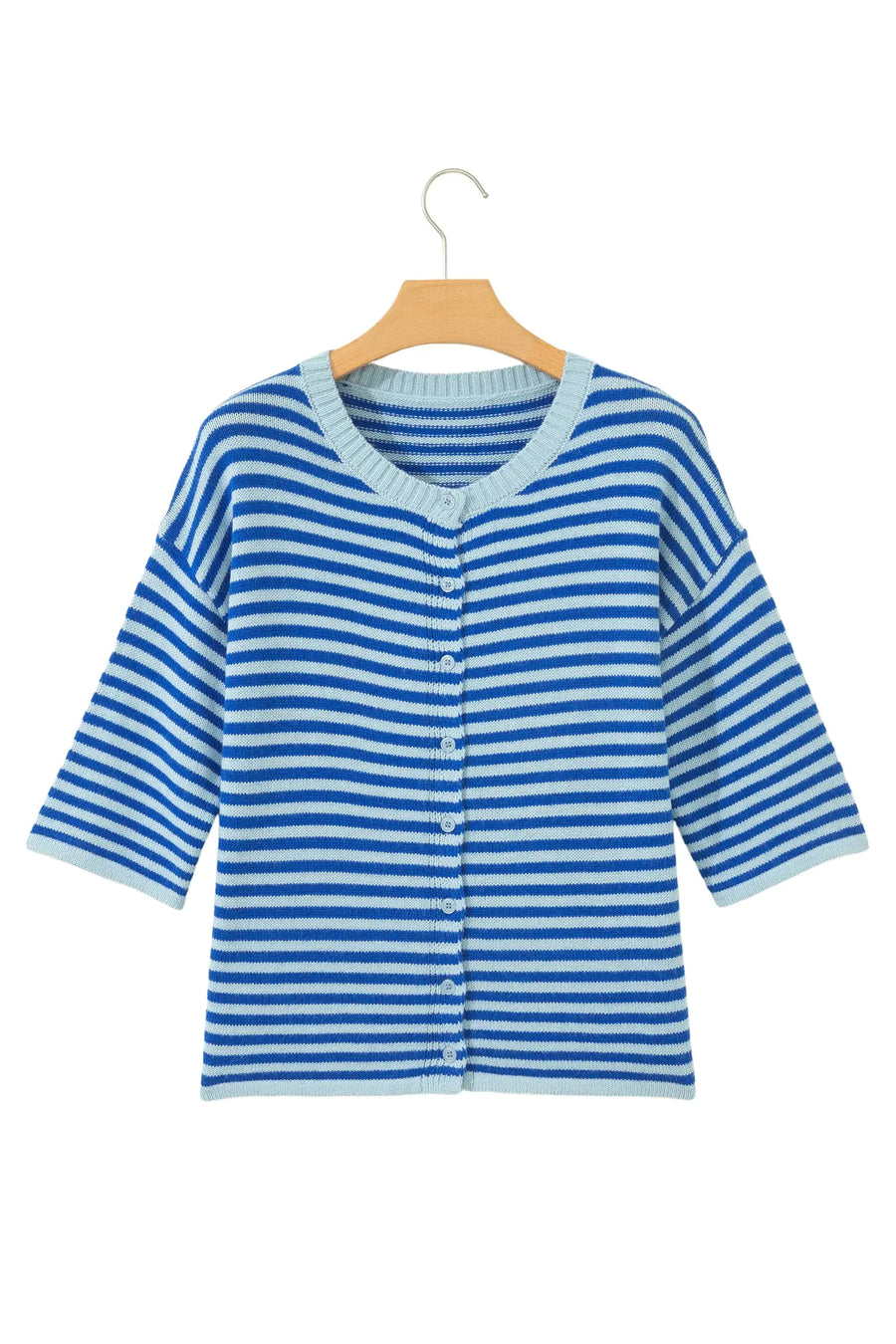 Blue Stripe Half Sleeve Knit Button Cardigan Women UK