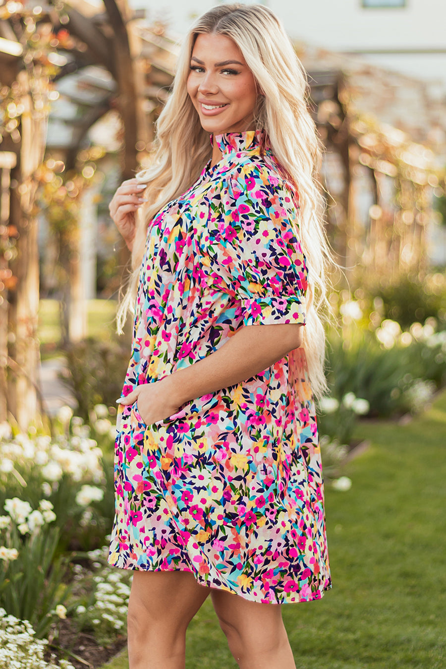 Pink Floral Puff Sleeve V Neck Mini Dress Women UK