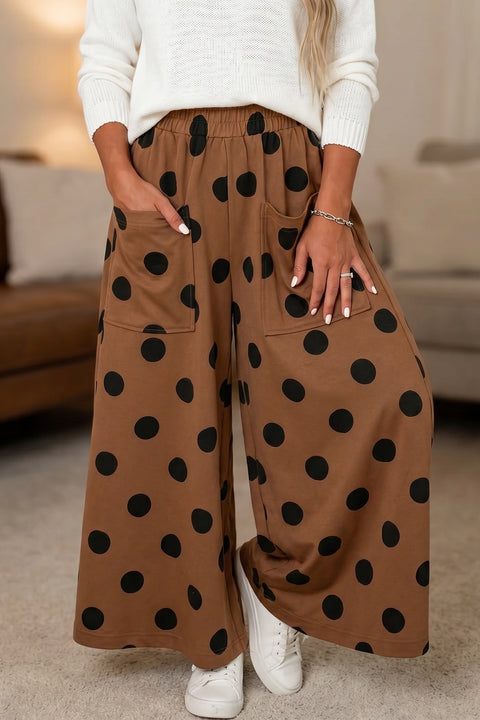 Brown polka dot wide leg elastic waist casual pants women UK front view