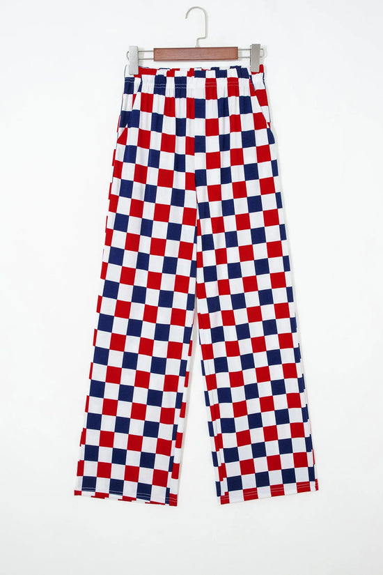 2-tone checked print high waist wide leg trousers with pockets