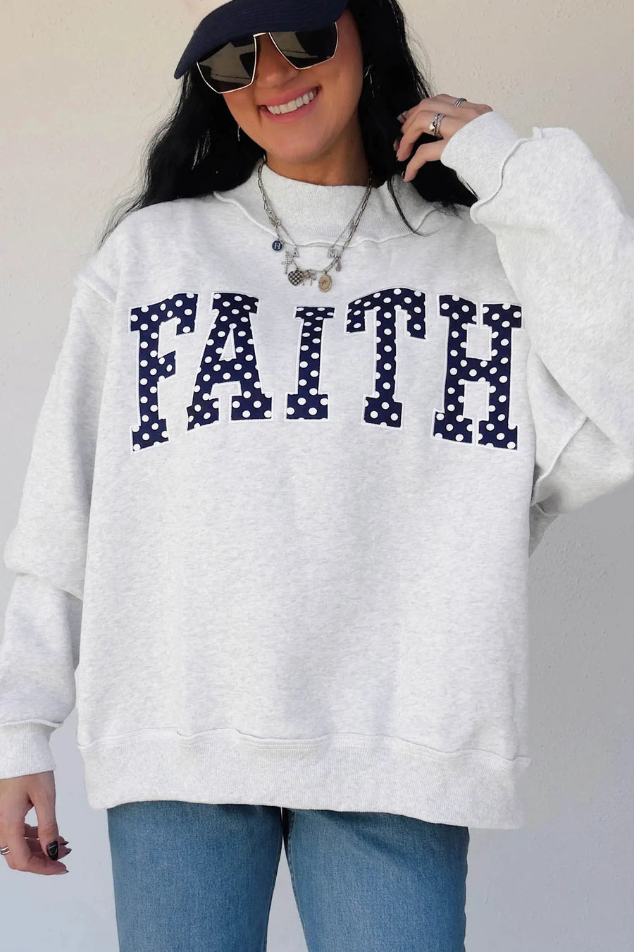 Light Grey Polka Dot Slogan High Neck Baggy Sweatshirt