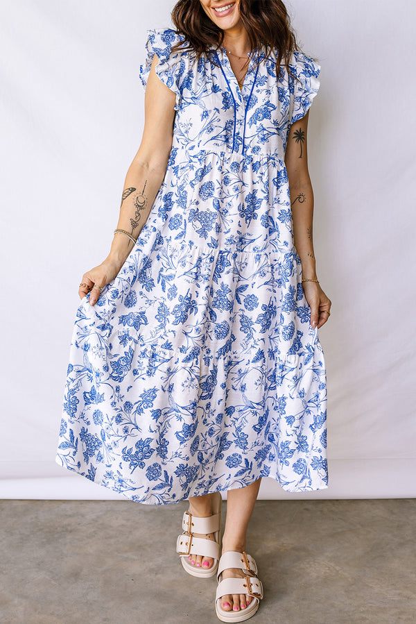 Blue ruffled short sleeve tiered floral midi dress women UK front view