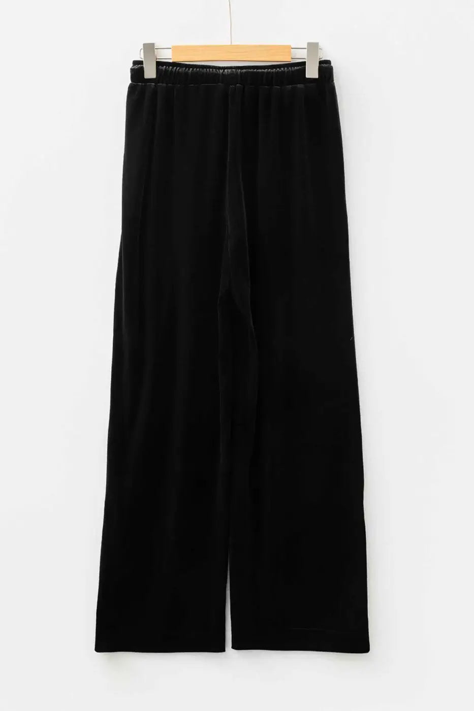 Black velvet straight‑leg drawstring trousers
