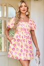 Rose Floral Square Neck Puff Sleeve Pleated Midi Dress Women UK