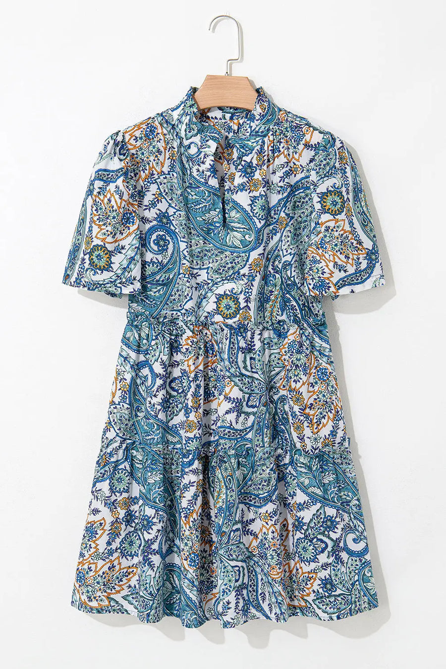 Blue Boho Paisley Floral V Neck Short Sleeve Mini Dress Women UK