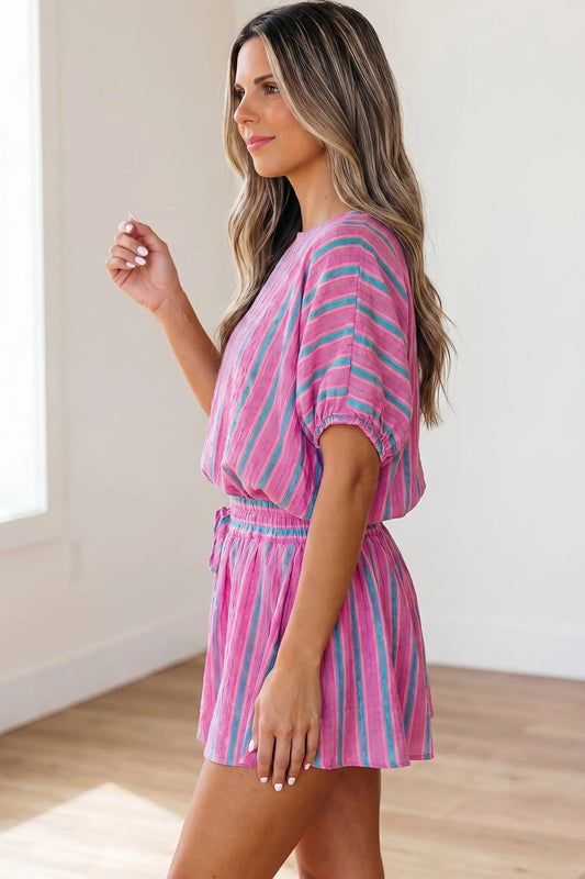 Pink vertical stripe dolman blouse showing relaxed sleeve detail, co-ord set, Fashionfitz