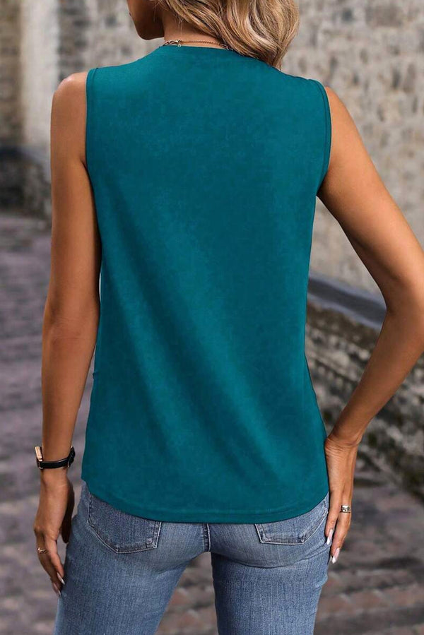 Blue Sapphire Solid Stitching Detail Round Neck Tank Top Women UK