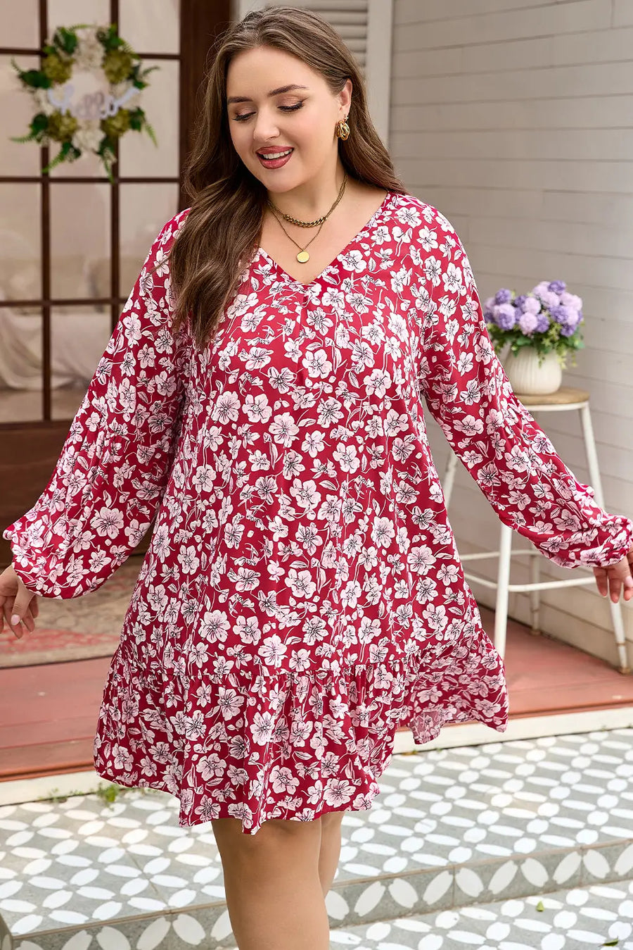 Purple Plus Size Floral Balloon Sleeve V Neck Dress Women UK — lifestyle view