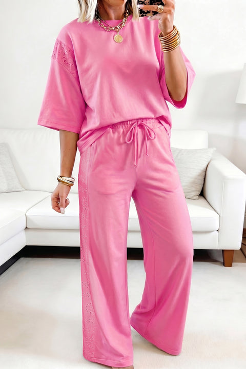 Lace Patchwork Half Sleeve Top & Wide Leg Pants Two Piece Set