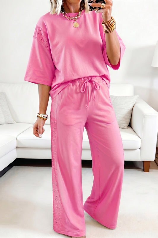 Lace Patchwork Half Sleeve Top & Wide Leg Pants Two Piece Set