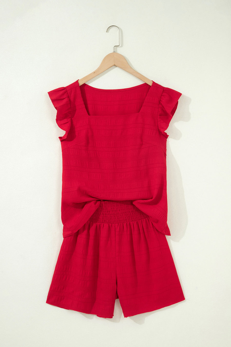 Textured Square Neck Cap Sleeve Top & Shirred High Waist Shorts Set — back view third option | Fashionfitz UK