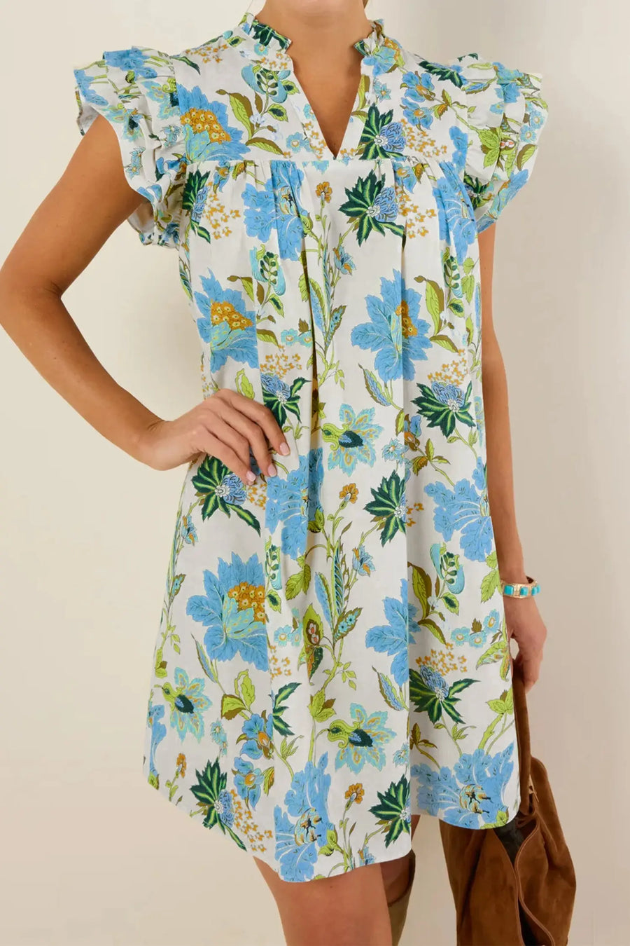 Beige Floral V Neck Triple Ruffle Short Sleeve Mini Dress Women UK — close-up detail