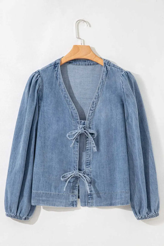 Blue ties puff denim top blouses