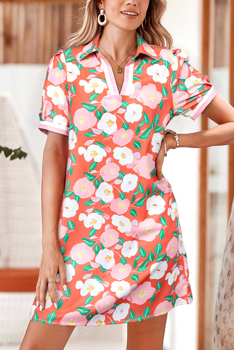 Salmon floral polo collar striped T-shirt dress women UK front view