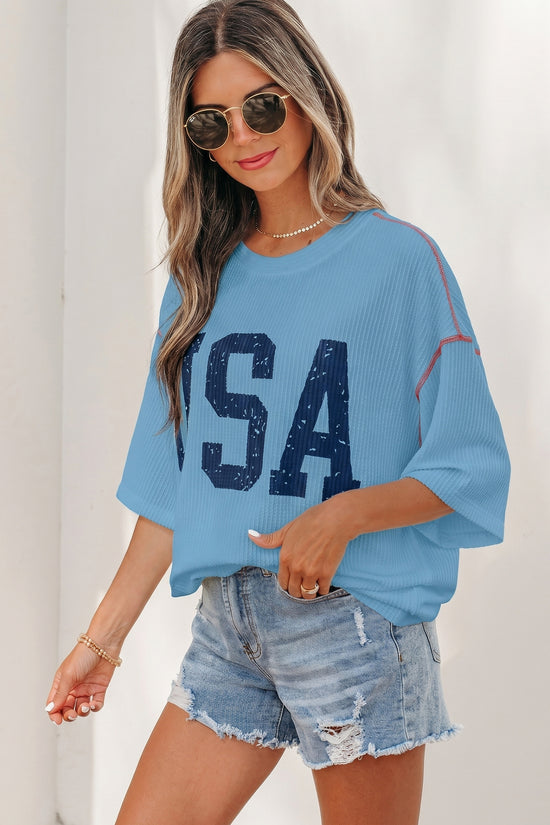 USA Graphic Ribbed Half Sleeve Loose Top Round Neck Tunic Length