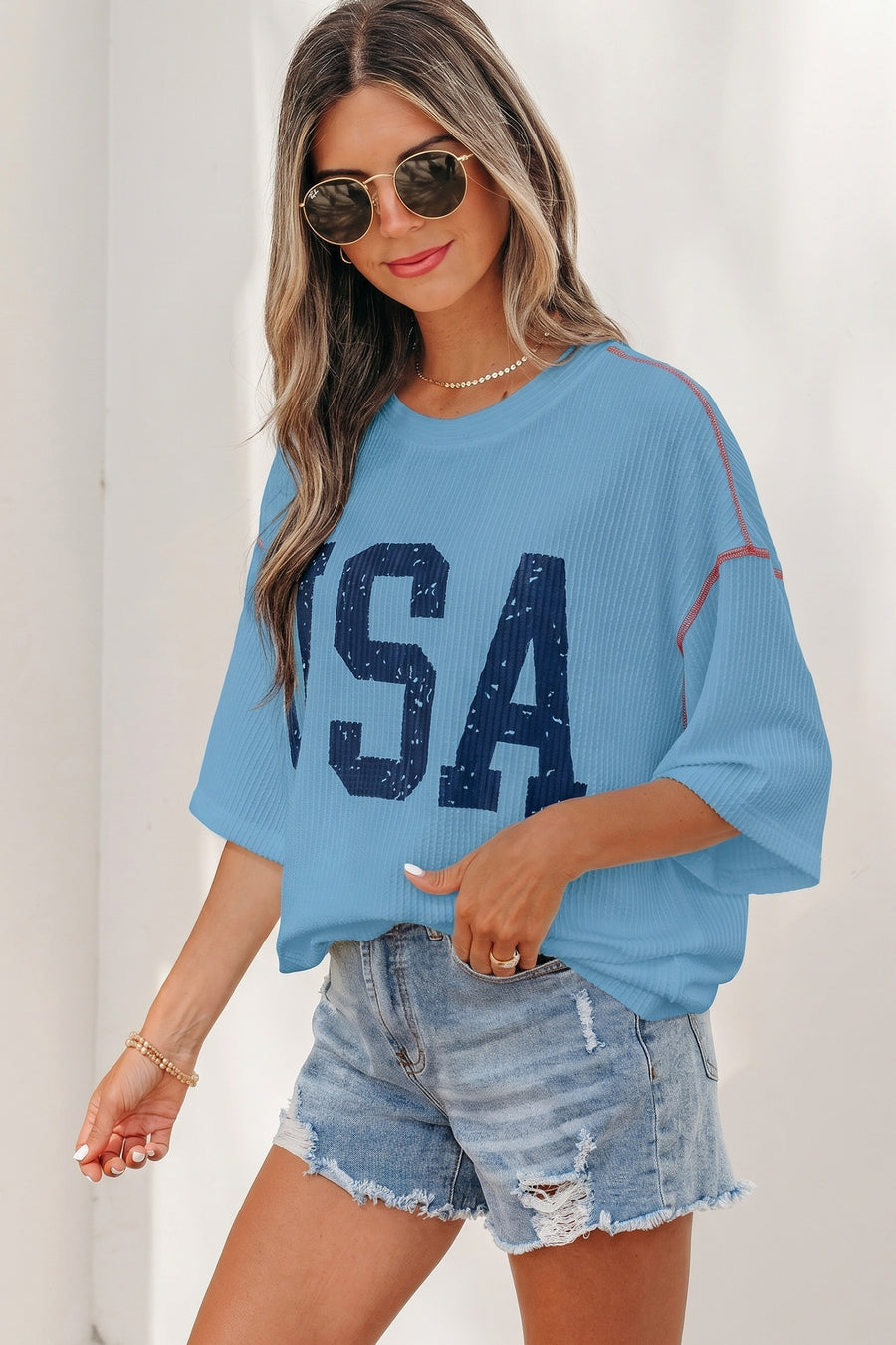 USA Graphic Ribbed Half Sleeve Loose Top Round Neck Tunic Length