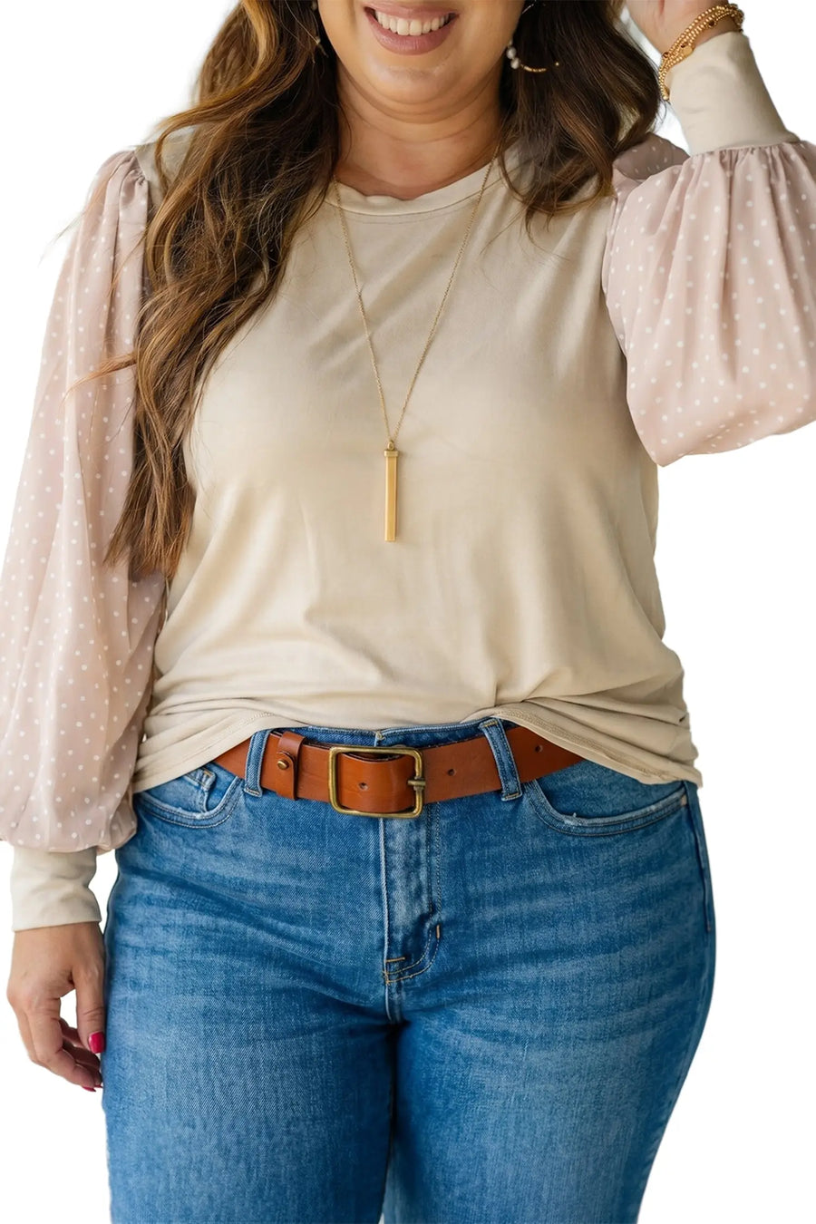 Parchment Polka Dot Long Sleeve Round Neck Plus Size Blouse Women UK