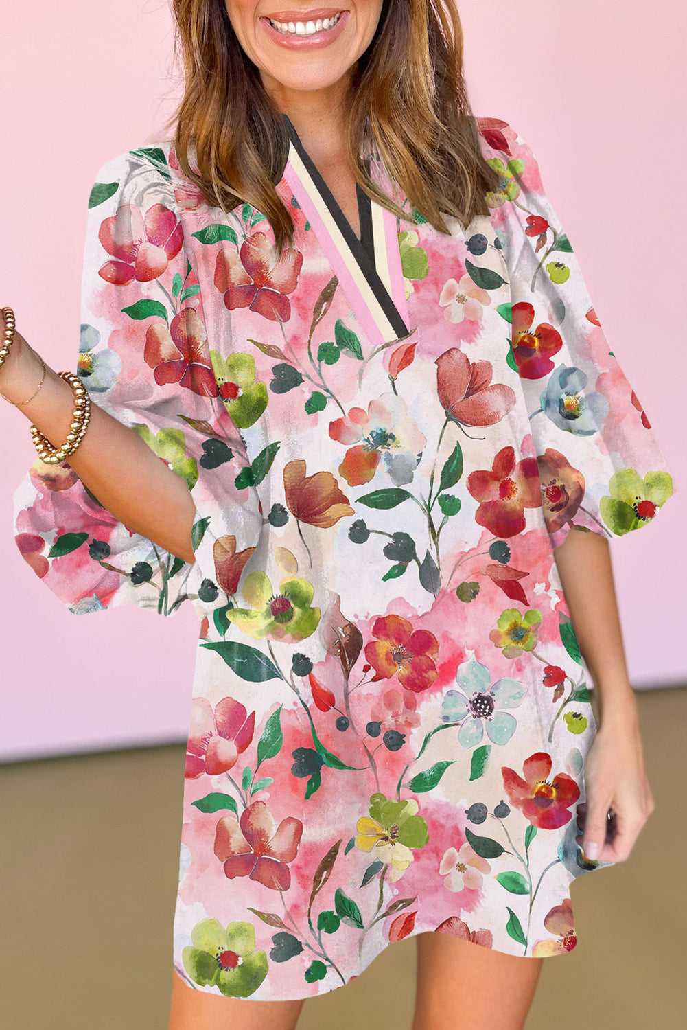 Close-up front view of Floral Shift Dress - Casual Elegance highlighting the vibrant print and comfortable fit for daily wear.