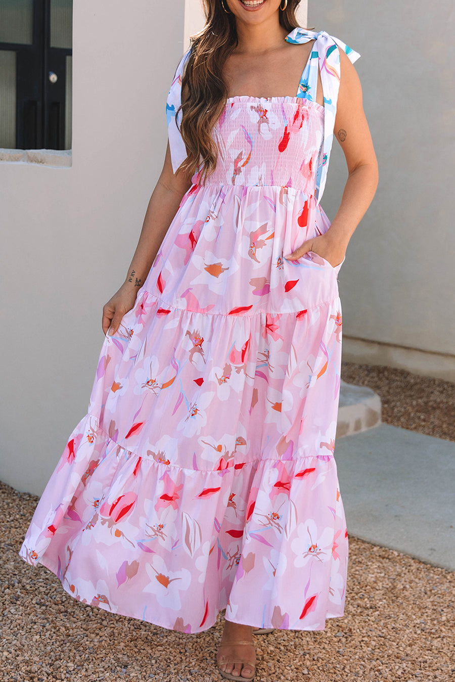 Pink Floral Knotted Shoulder Smocked Maxi Dress Women UK