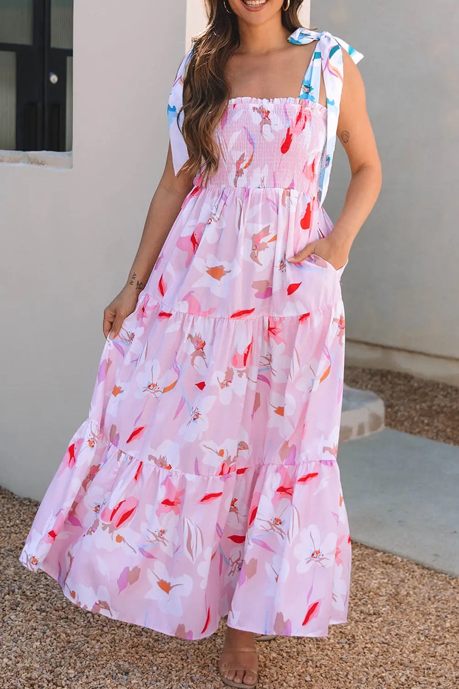 Pink Floral Knotted Shoulder Smocked Maxi Dress Women UK — lifestyle view