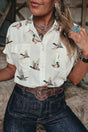 White mallard print button pocket short sleeve shirt front view — Fashionfitz UK