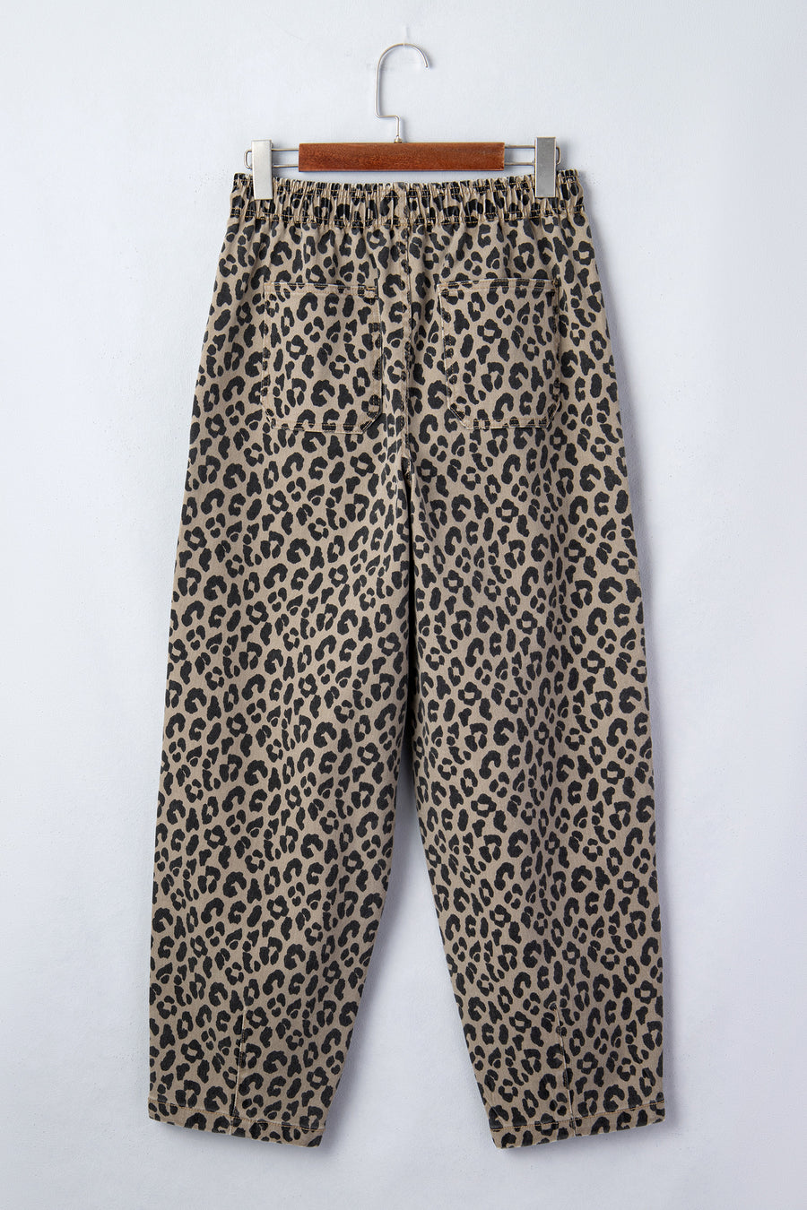 Leopard Print High Waist Drawstring Elastic Waist Loose Denim Jeans with Pockets