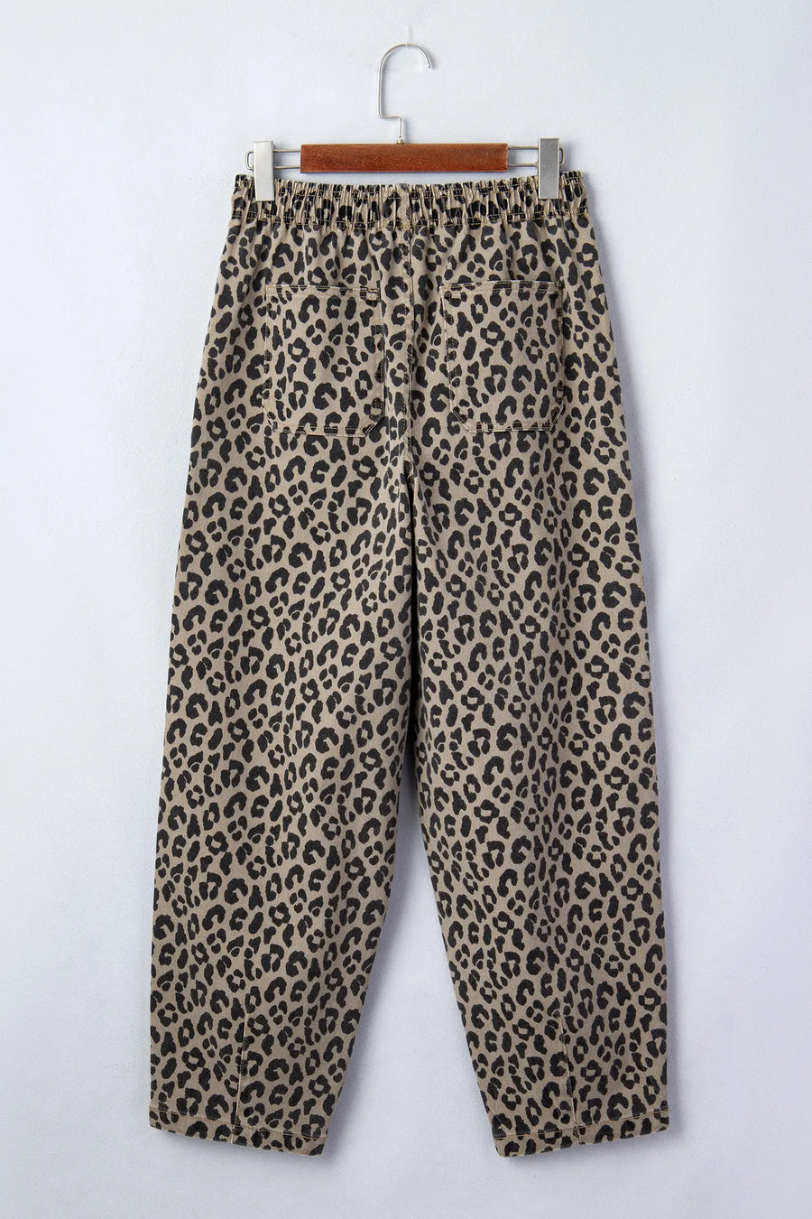 Khaki leopard print drawstring elastic waist loose denim pants with pockets