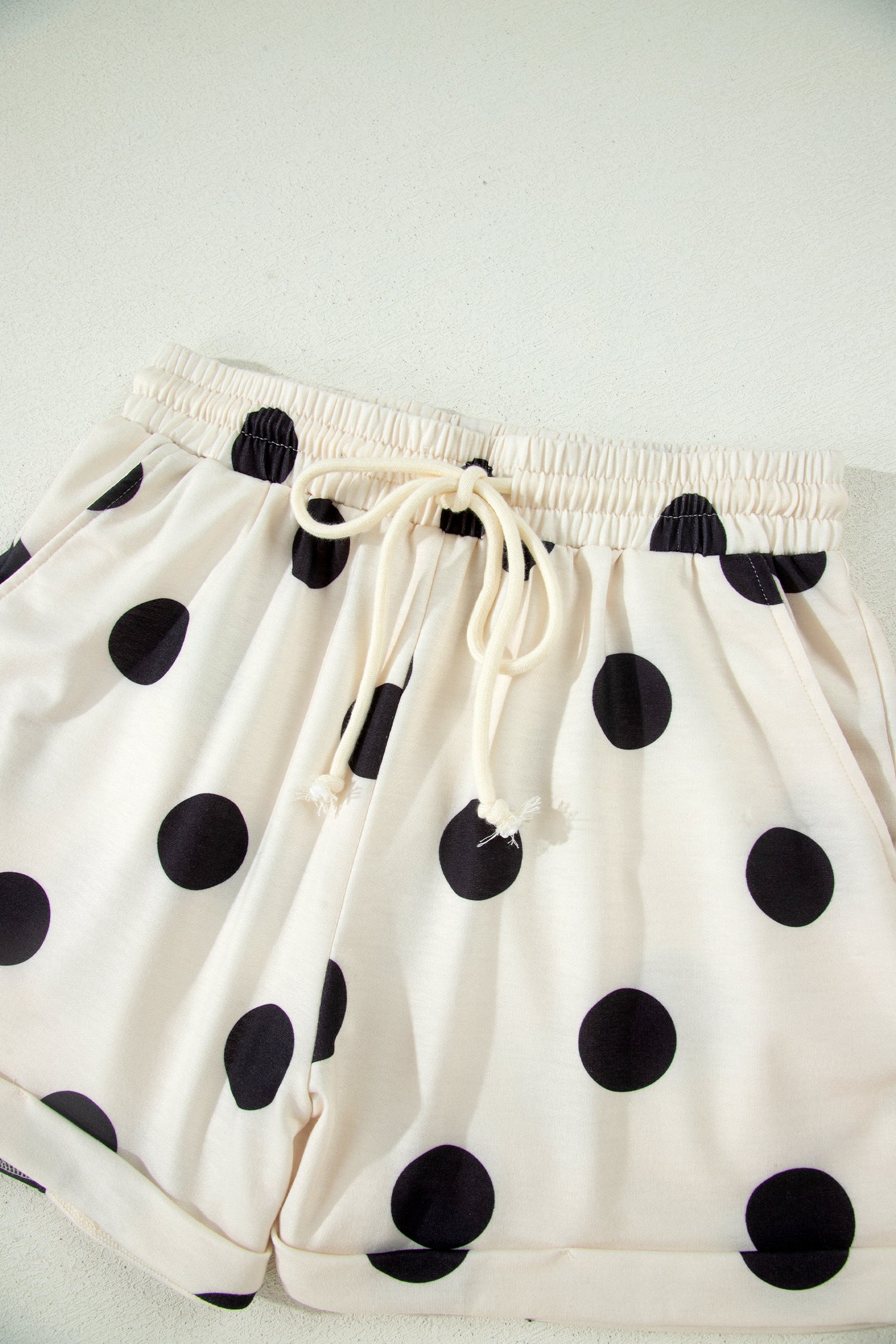 Polka Dot V Neck Short Sleeve Tee High Waist Drawstring Shorts Set