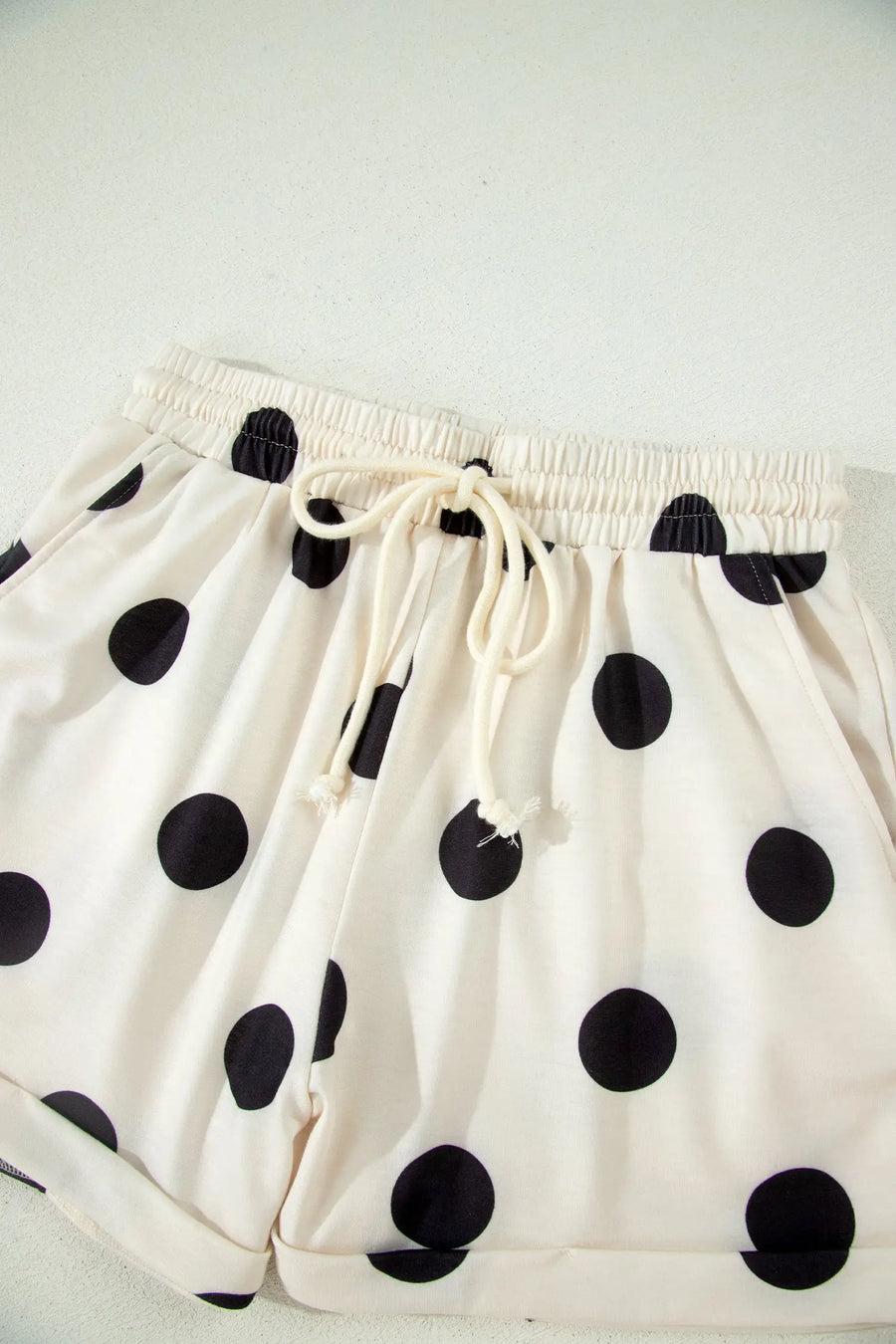 Polka Dot V Neck Short Sleeve Tee High Waist Drawstring Shorts Set — full length view on model | Fashionfitz UK